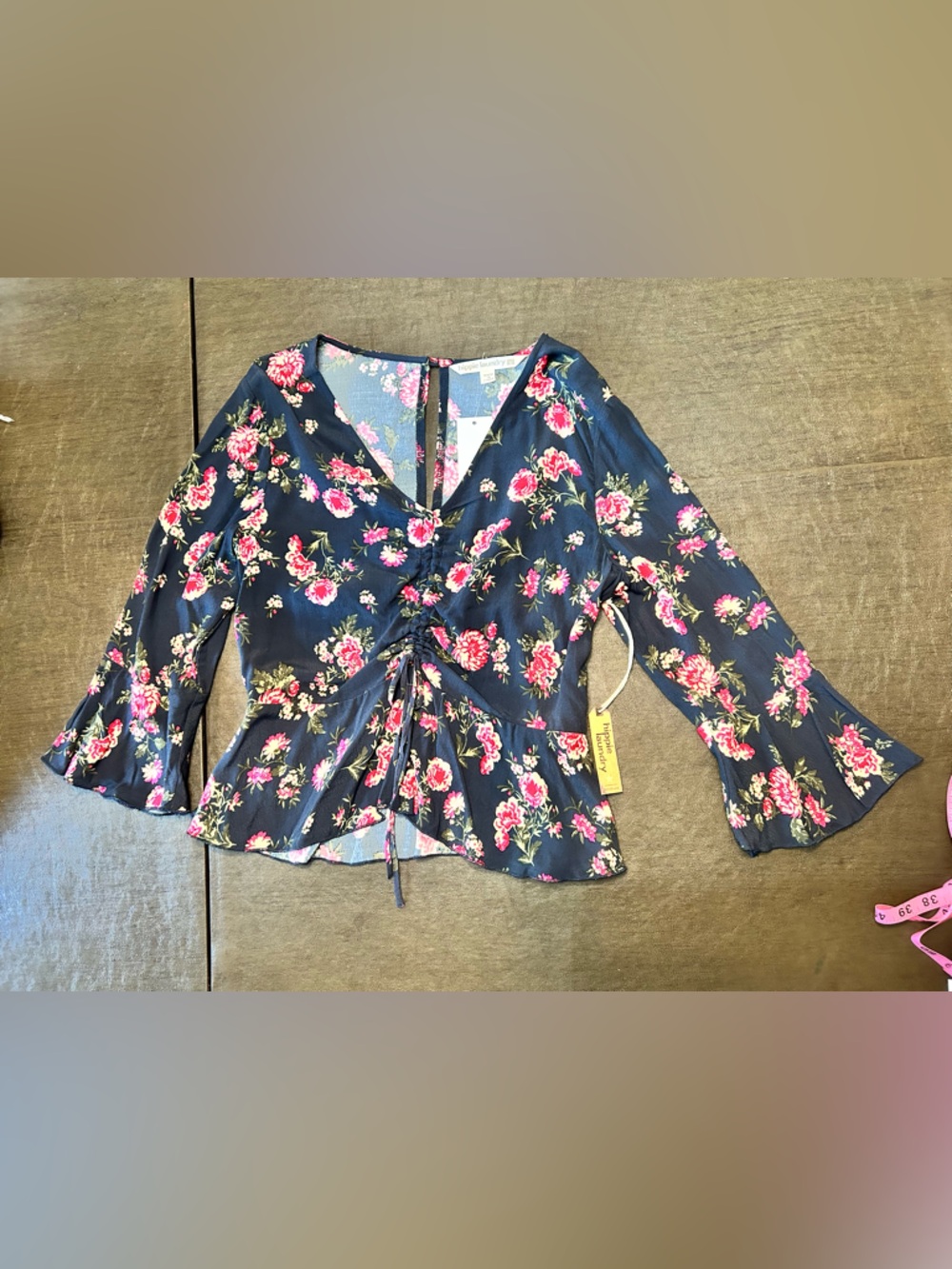 hippie laundry Navy Floral Wrap Blouse with Pink Roses